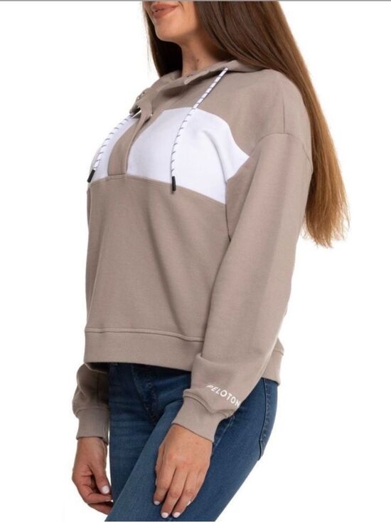 Peloton Tops - PELOTON L Anorak Color Block Tan White Snap Front Graphic Back Sweatshirt Hoodie